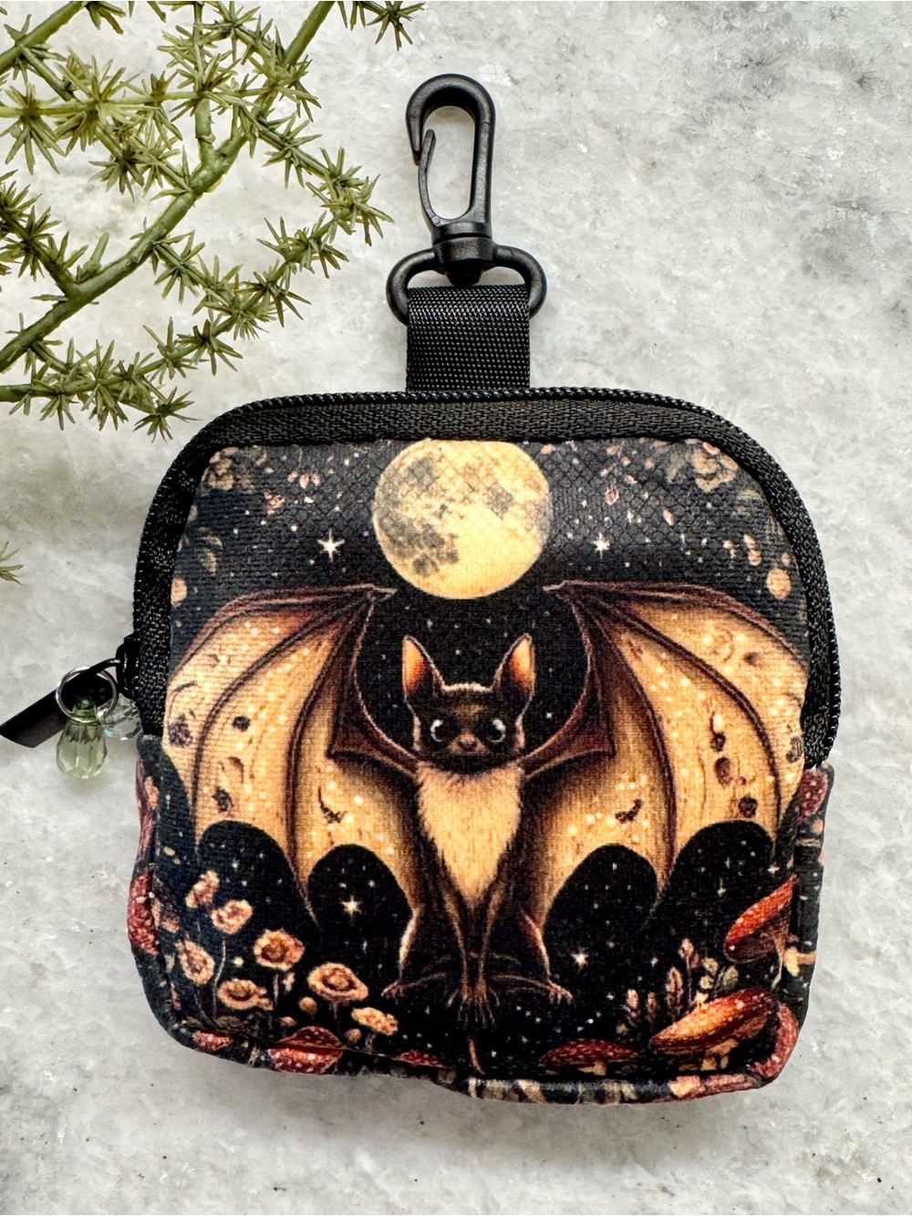 New Halloween Bat Zip Bag Dog Walk Treat Accessory Pouch w/ Clip & Charm - 4”x4”